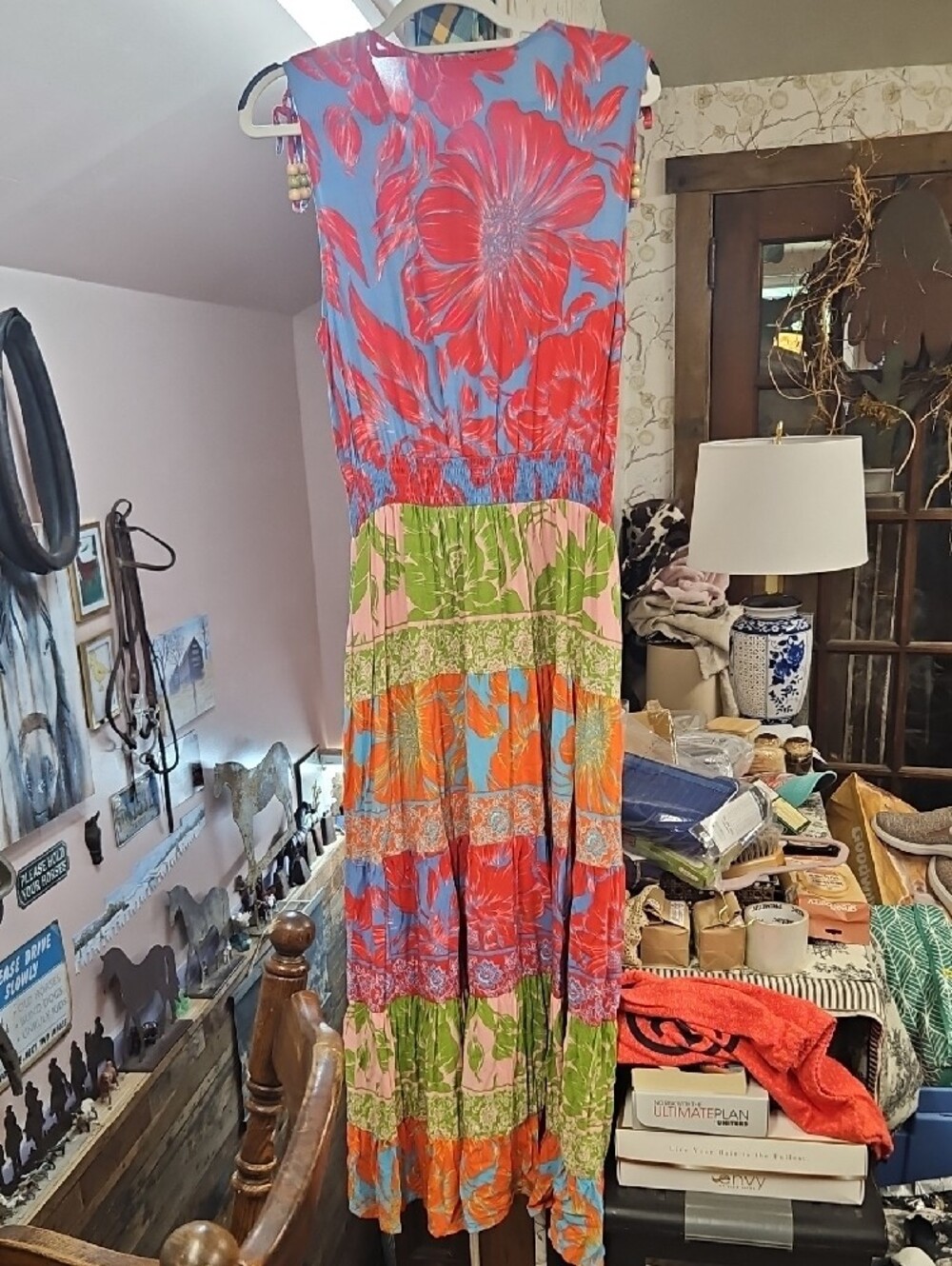 Bright Multi-Panel Floral Maxi Dress - Sleeveless Wrap - Picture 8 of 10
